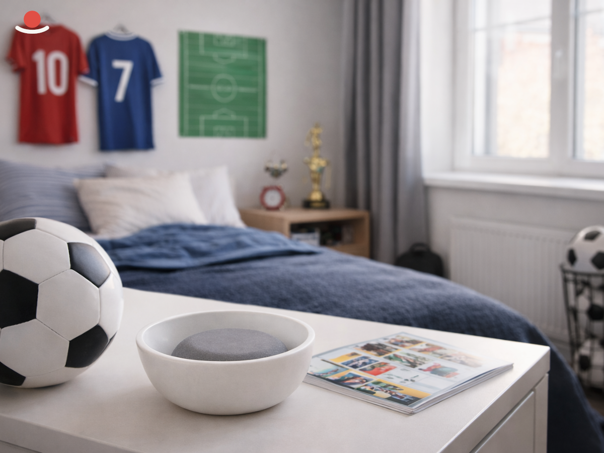 Bílý Miyabi s šedým aromakamenem v pokoji fotbalového fanouška