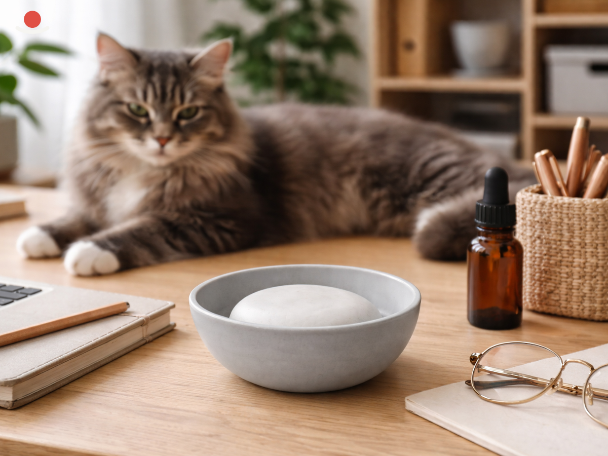 Světle šedý Miyabi s bílým aromakamenem před kočkou v pracovně