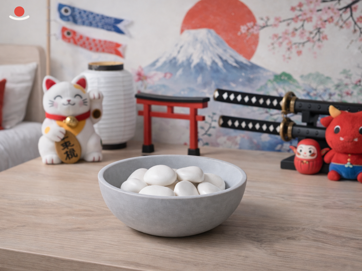 Světle šedý Miyabi s bílými aromakamínky v pokoji s japonským stylem