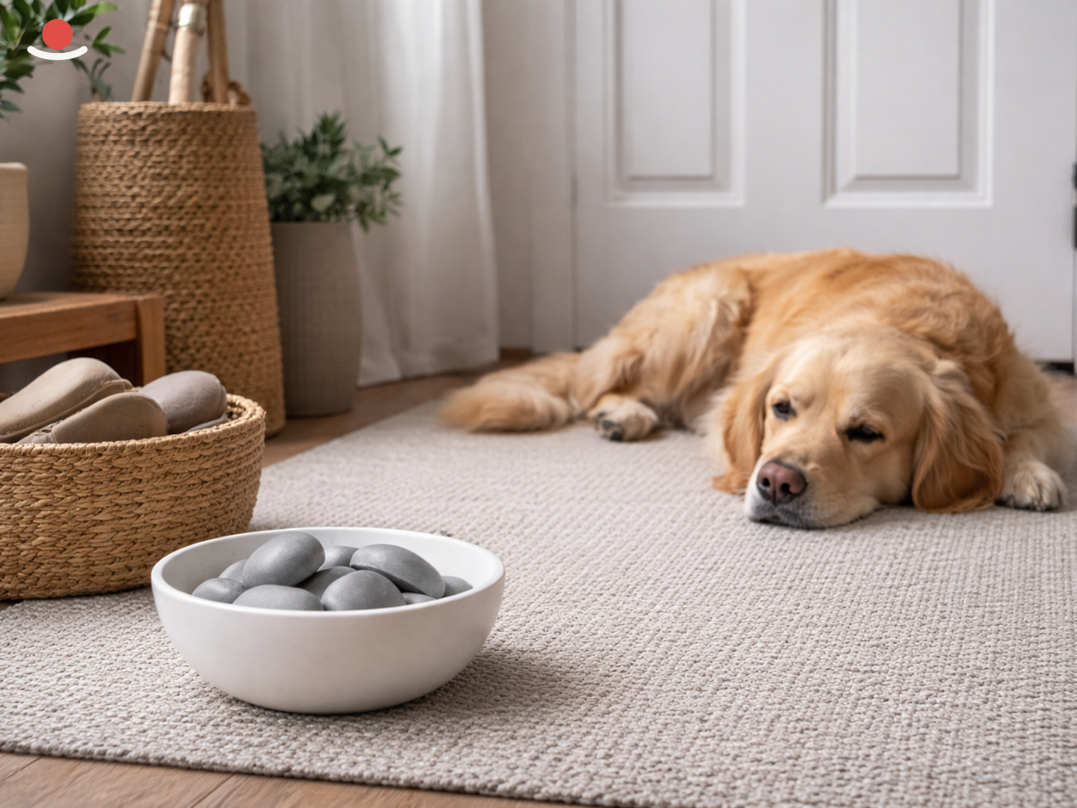 Bílý Miyabi s šedými aromakamínky u vstupu se psem