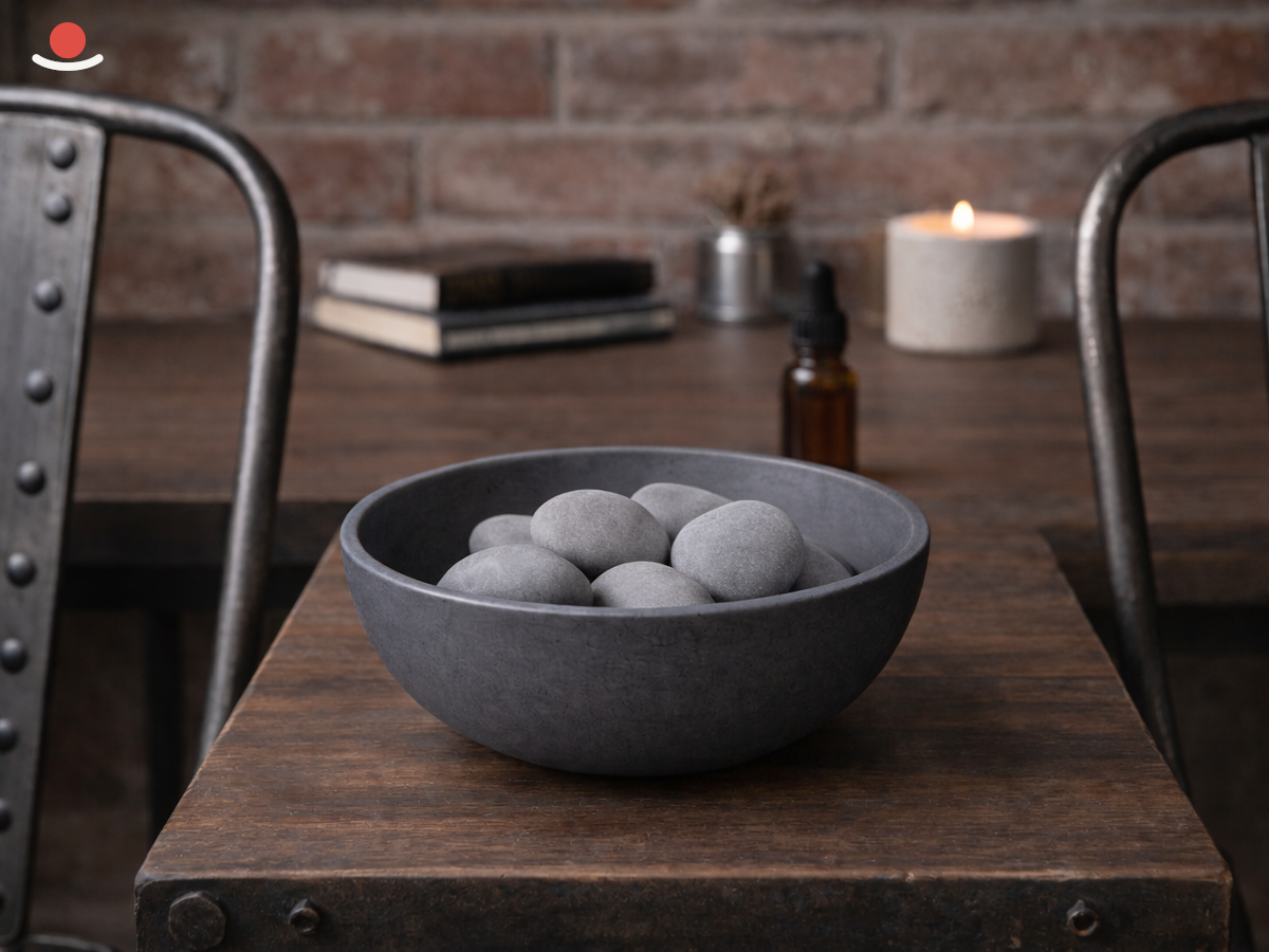 Tmavý Miyabi s šedými aromakamínky v industriálním prostoru