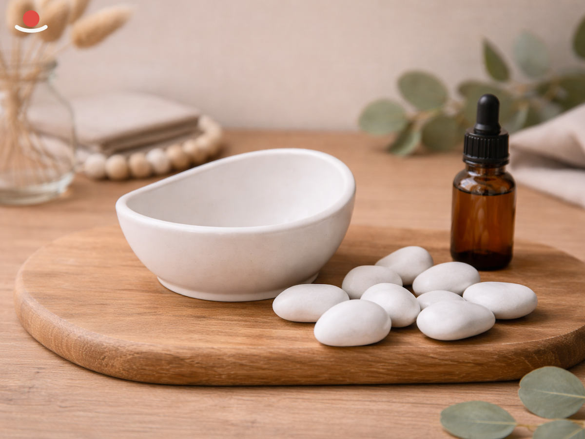 Bílý Mizu s bílými aromakamínky mimo misku