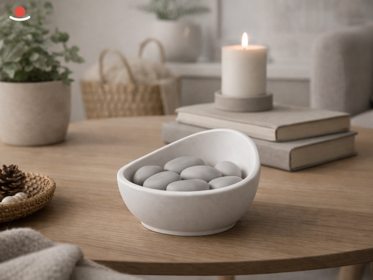 Bílý Mizu s šedými aromakamínky ve skandinávském pokoji