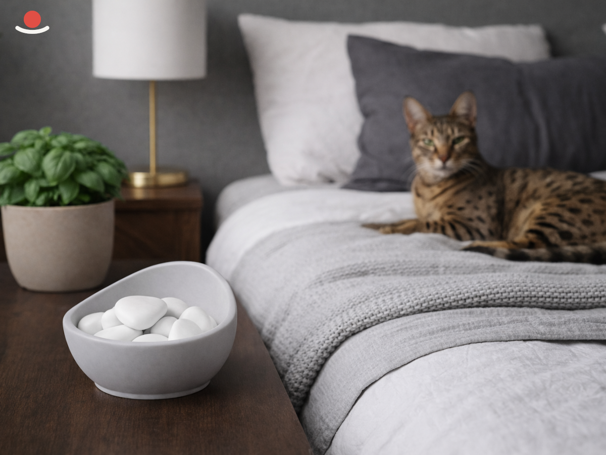 Světle šedý Mizu s bílými aromakamínky se savanovou kočkou