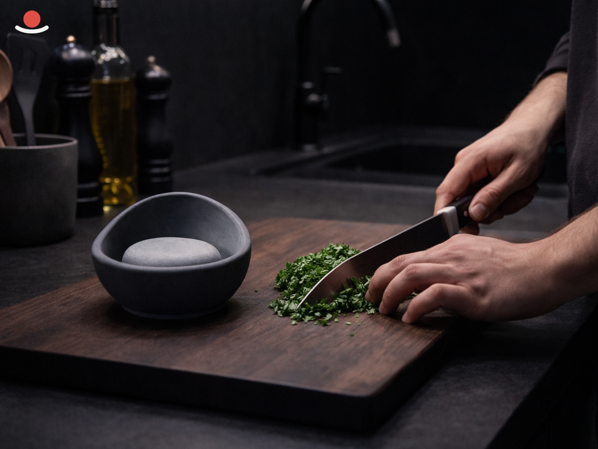 Tmavý Mizu s šedým aromakamenem v tmavé kuchyni při krájení