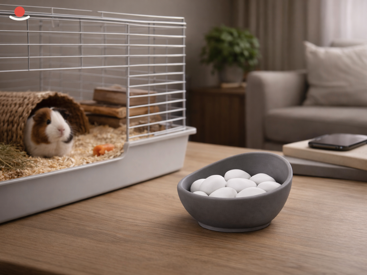 Tmavý Mizu s bílými aromakamínky vedle klece s morčetem