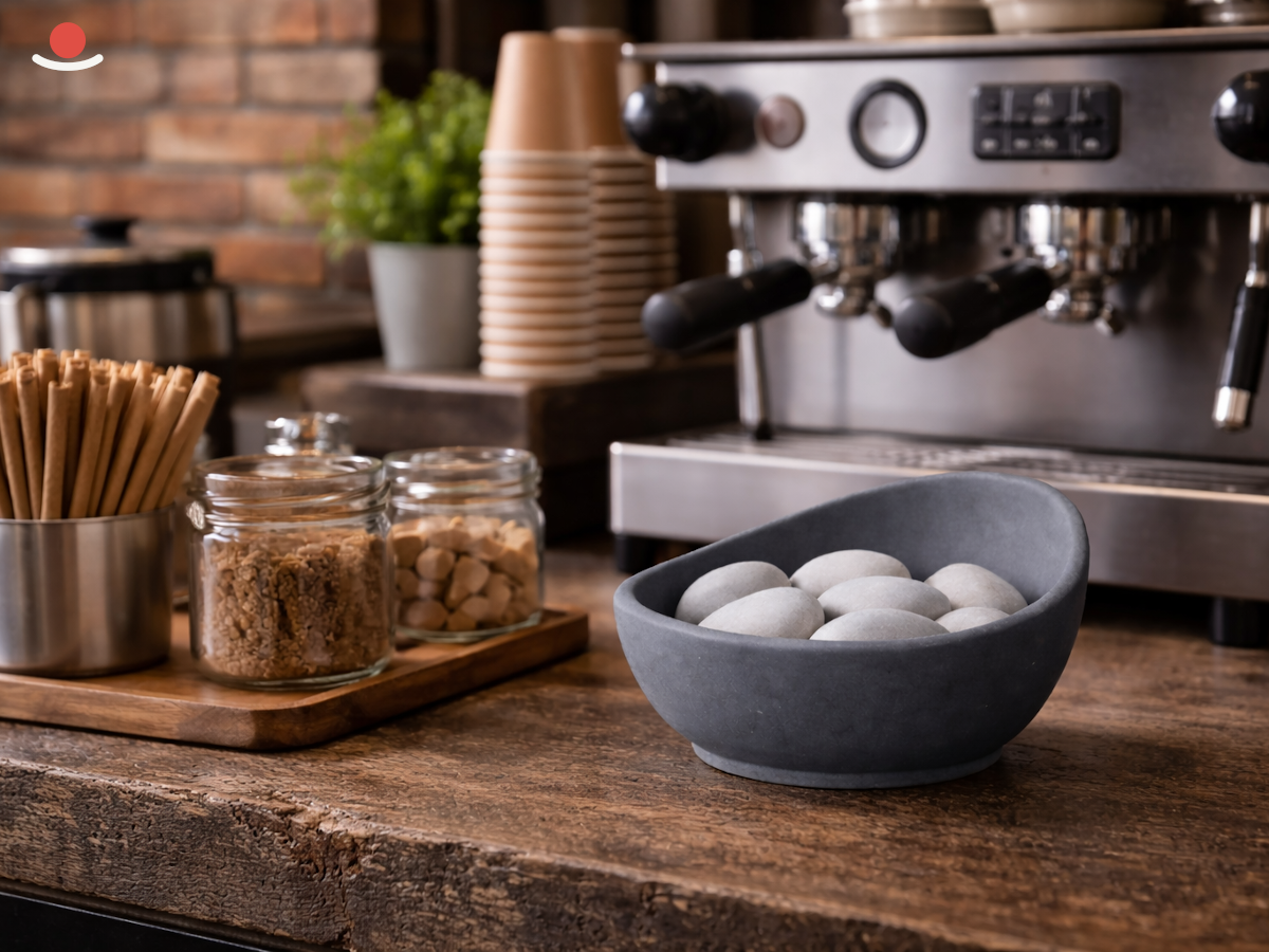 Tmavý Mizu s šedými aromakamínky v kavárně