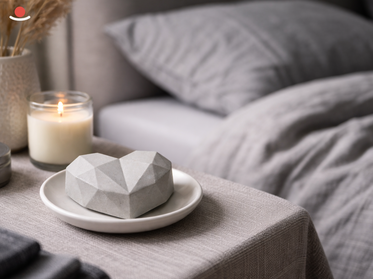 Bílý Maru s šedým aromakamenem Kokoro v šedé ložnici