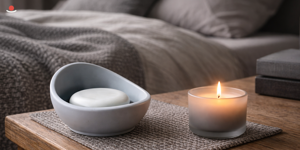 Aroma kámen Mizu vedle hořící svíčky v ložnici
