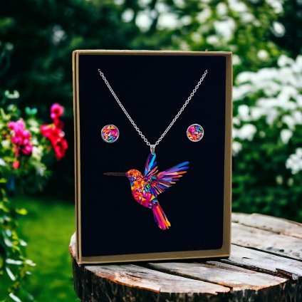 Dřevěný náhrdelník + náušnice - Kolibřík