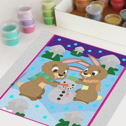 Zajíčci a sněhulák (Velikost 15x20cm)