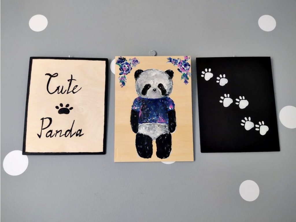 Set obrázků Panda - ručně malovaný originál na dřevě  Tip na dárek
