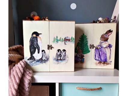 Adventní kalendář/celoroční šperkovnice/osobní skříňka Tučňáčí famílie - ručně malovaný originál  Tip na dárek