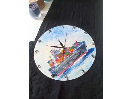 Velké hodiny Kontejnerová loď - ručně malovaný originál