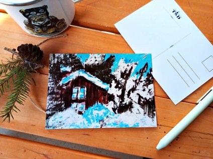 Zimní pohlednice Chatrč + obálka