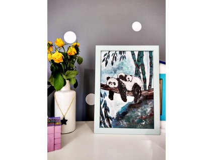 Obrázek Panda v mint / mentolovém rámečku - ručně malovaný originál