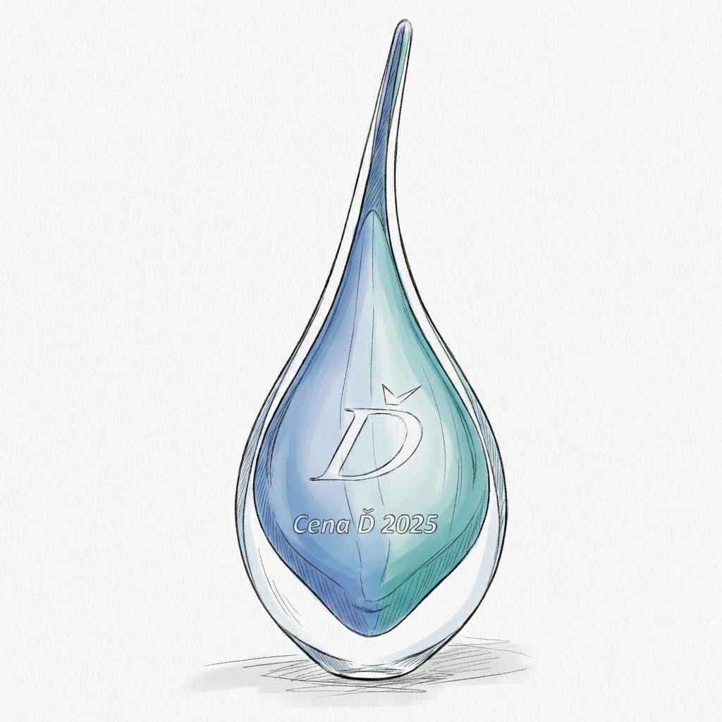 Skleněná trofej Cena Ď 2025 vyrobená ruční prací v sklárně Artcristal Bohemia