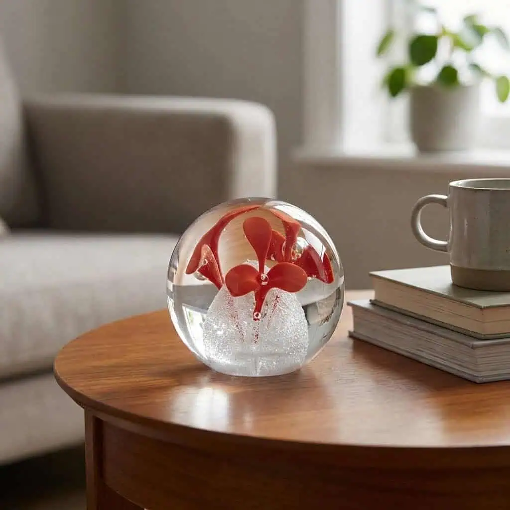 Umělecké těžítko s červeným květinovým motivem - české sklo z rodinné sklárny