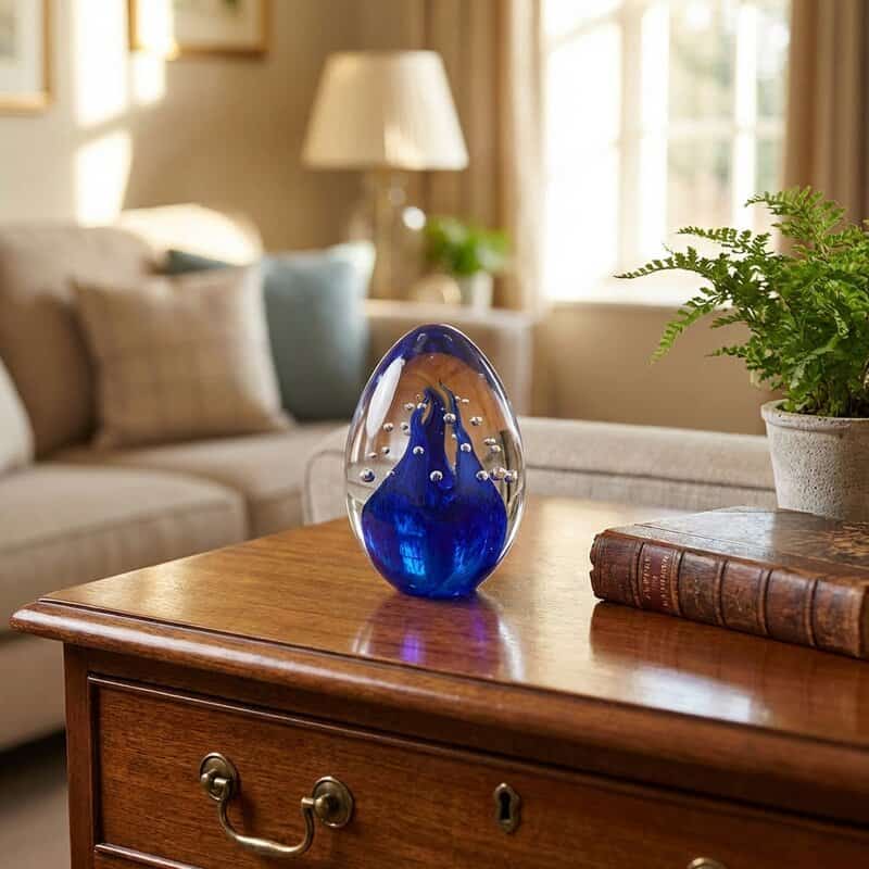 Modré skleněné těžítko s bublinkovou strukturou uvnitř 