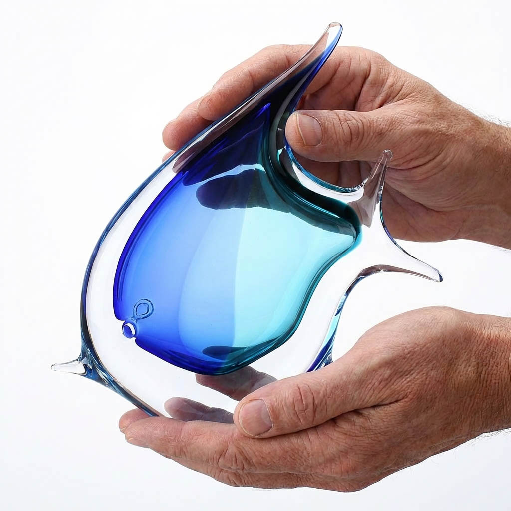 Ručně foukaná skleněná ryba s barevnými přechody v rukách