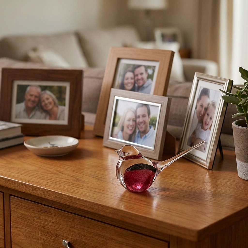 Růžový skleněný ptáček umístěný mezi rodinnými fotografiemi na komodě