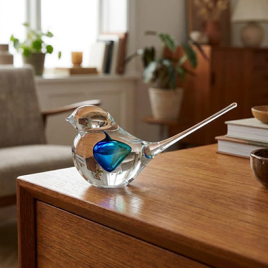 Modro-tyrkysový skleněný ptáček na dřevěné komodě u okna s knihami