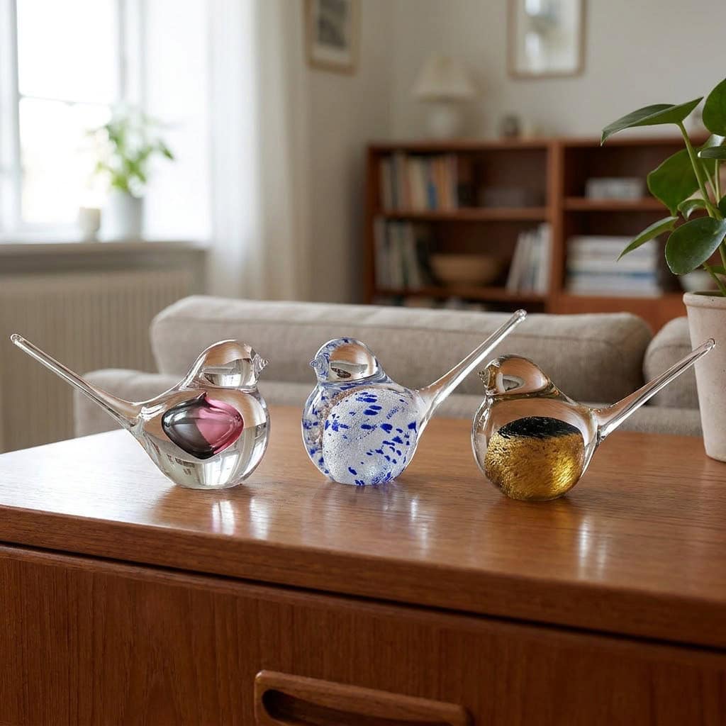 Tři barevní sklenění ptáčci - růžový, modro-bílý a zlatý - pohromadě