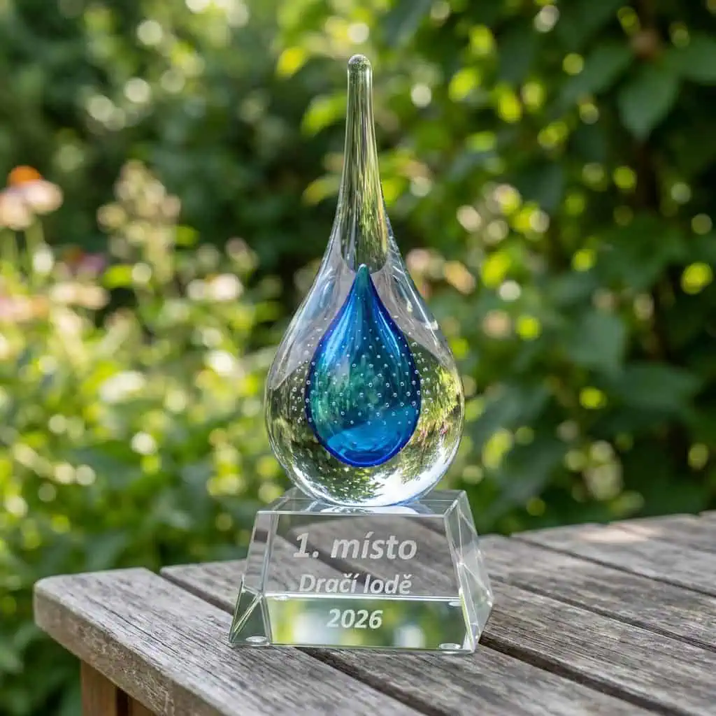 Detail gravírování na podstavec skleněné trofeje pro sportovní akci