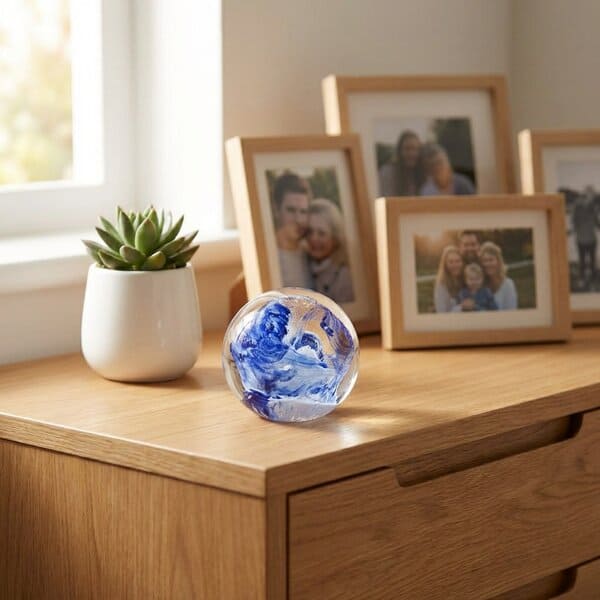 Skleněné těžítko s personalizovaným vzkazem na dřevěné komodě v moderním domácím interiéru