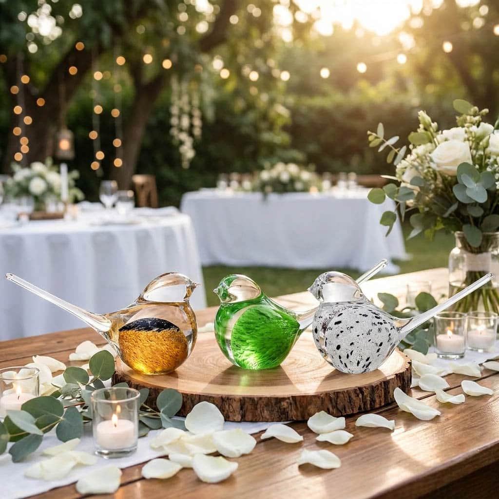 Barevní sklenění ptáčci na svatebním stole s květinovou výzdobou