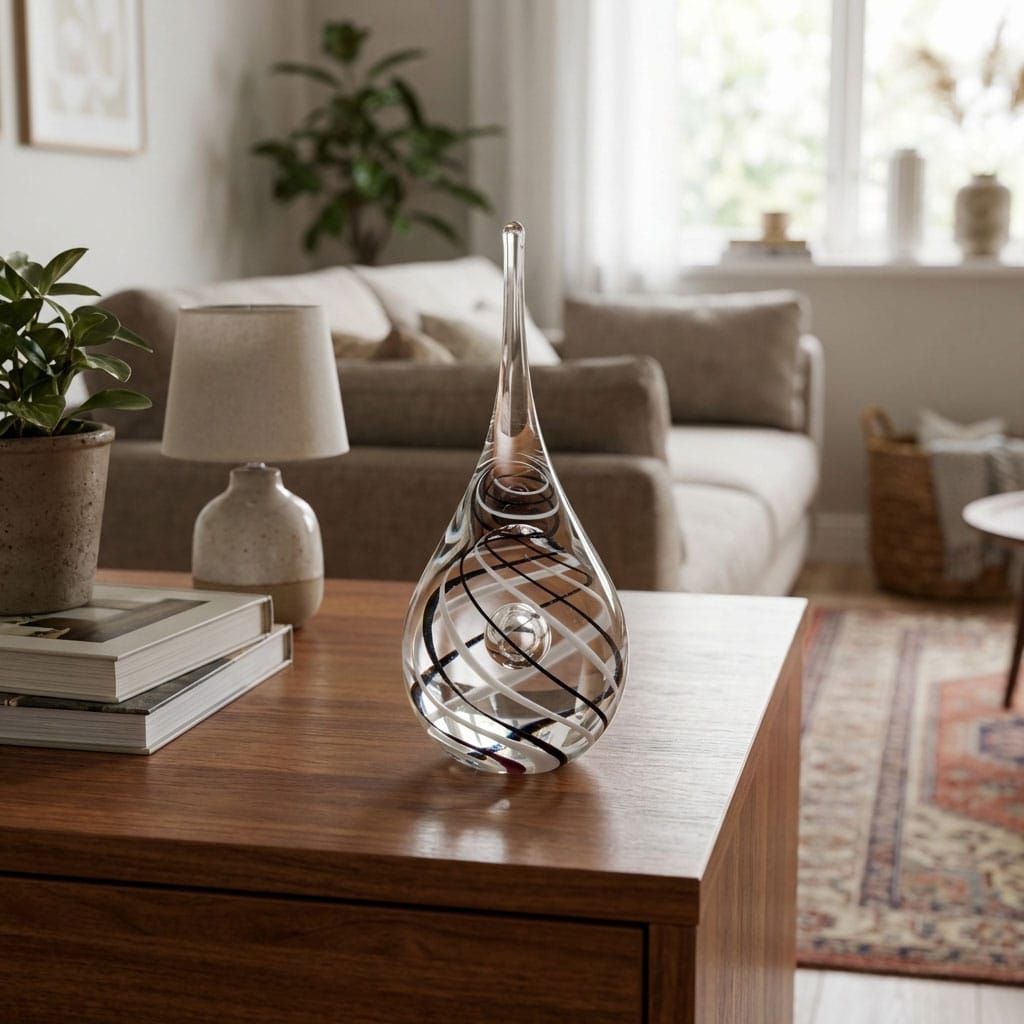 Skleněné těžítko ve tvaru kapky se spirálovým dekorem uvnitř na komodě