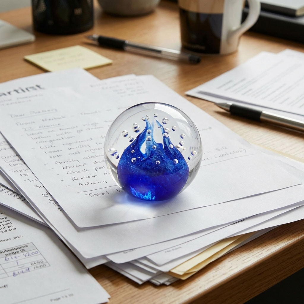 Modré kulaté skleněné těžítko s bublinkovou strukturou uvnitř na pracovním stole