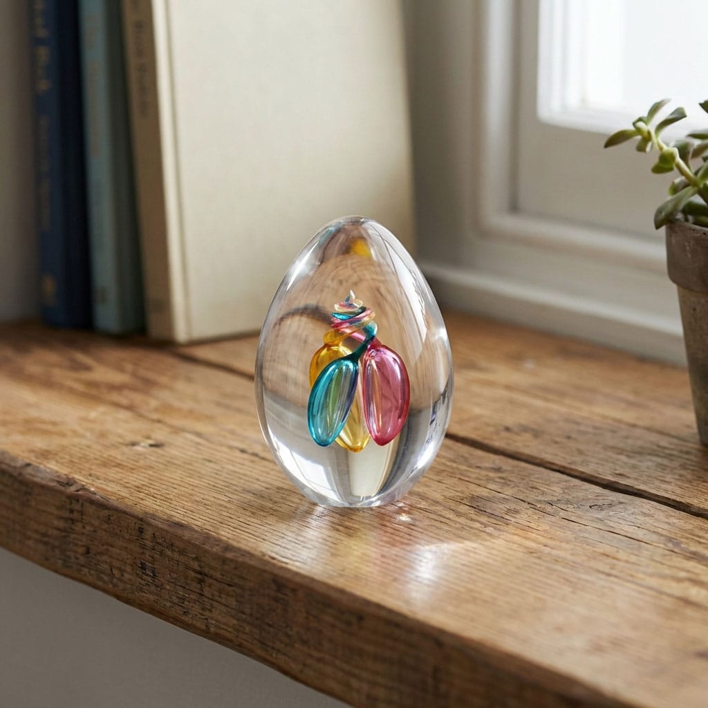 Skleněné těžítko ve tvaru vajíčka s třemi bublinami uvnitř na knihovně
