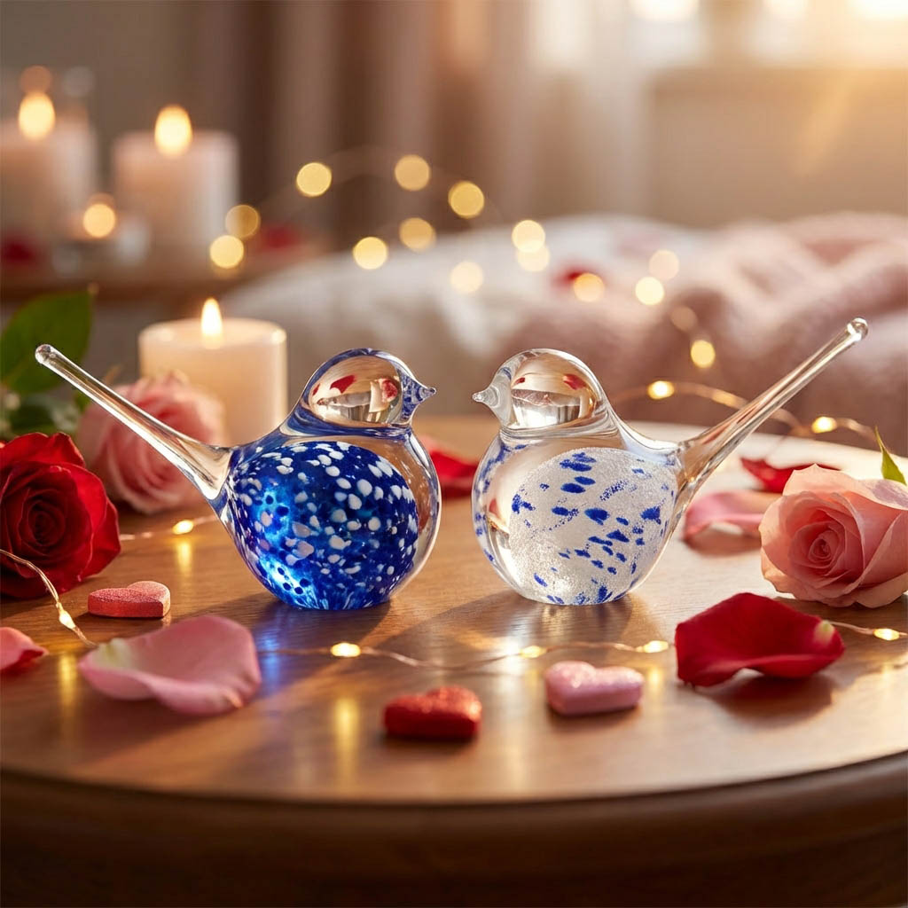 Ručně tvarovaní sklení ptáčci z&nbsp;českého skla, valentýnská dekorace na&nbsp;stole se&nbsp;svíčkami a&nbsp;růžemi