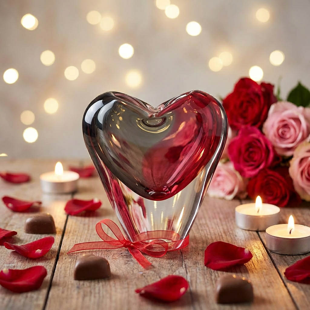 Ručně tvarovaný skleněný objekt ve&nbsp;tvaru srdce v&nbsp;červených tónech jako valentýnský dárek