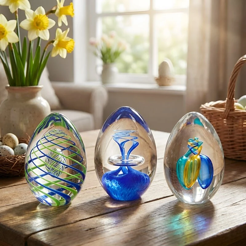 Velikonoční skleněná těžítka ve tvaru vajíček z českého skla v různých barevných kombinacích - zeleno-modrá spirála, modré s průhledným středem a tyrkysovo-žlutá varianta, umístěná na dřevěném stole s jarními narcisy a velikonočními dekoracemi v pozadí