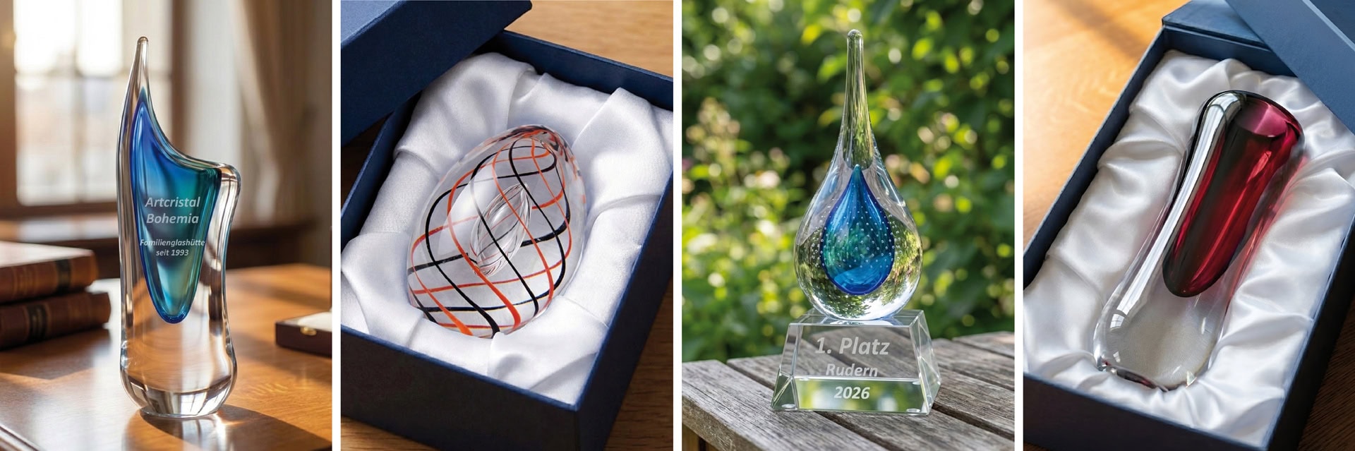 Kristall Geschenke mit individueller Gravur und Geschenkverpackung – Ideal für Firmenpräsente, Sporttrophäen und besondere Anlässe.