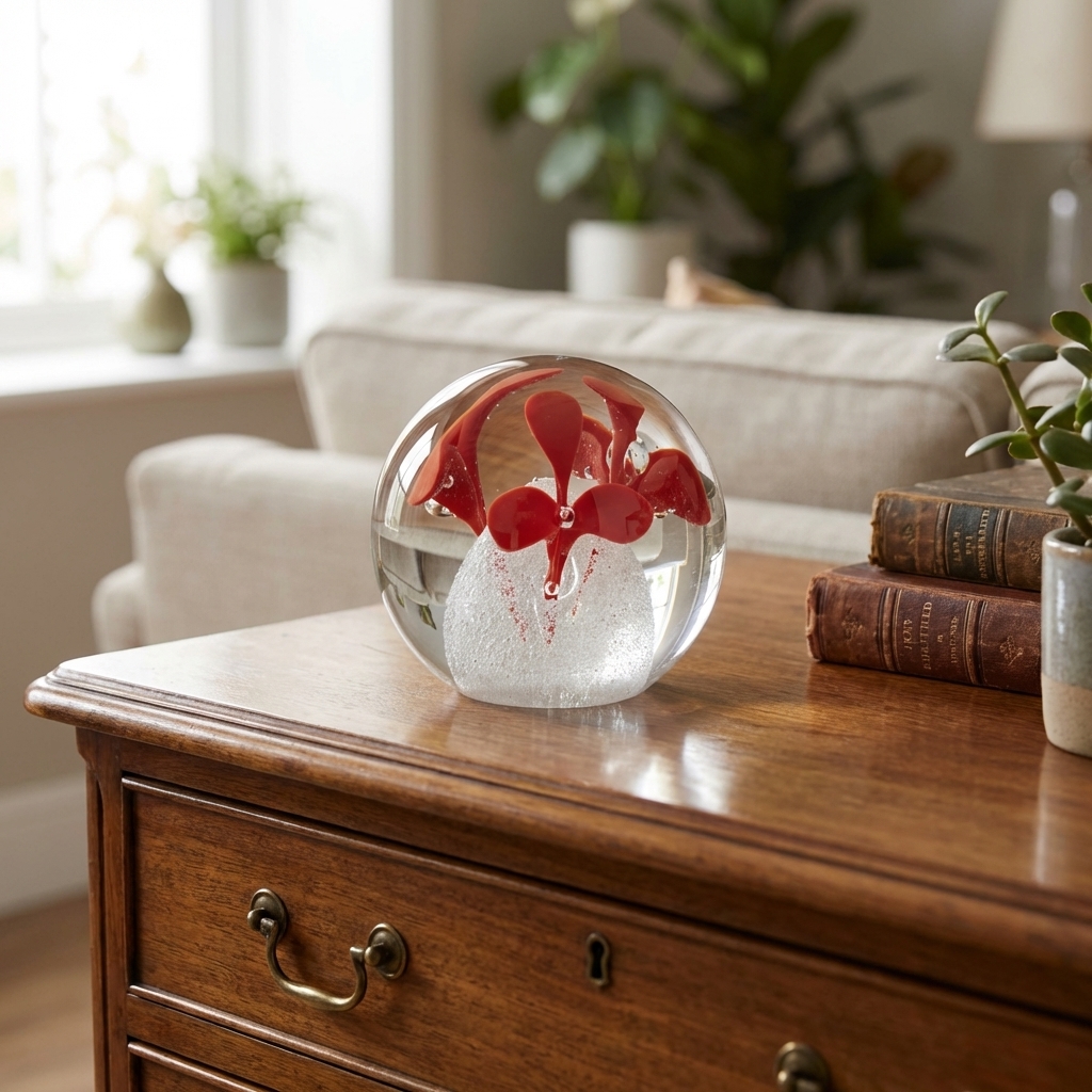 Runde Glaskugel als Briefbeschwerer mit roter Blume im Inneren.