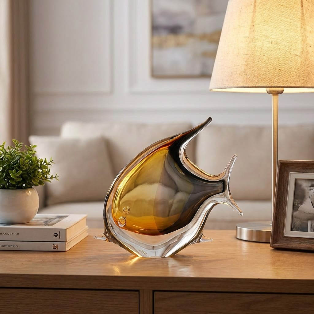 Bernsteinfarbene Glasskulptur eines Fisches auf einem Tisch.