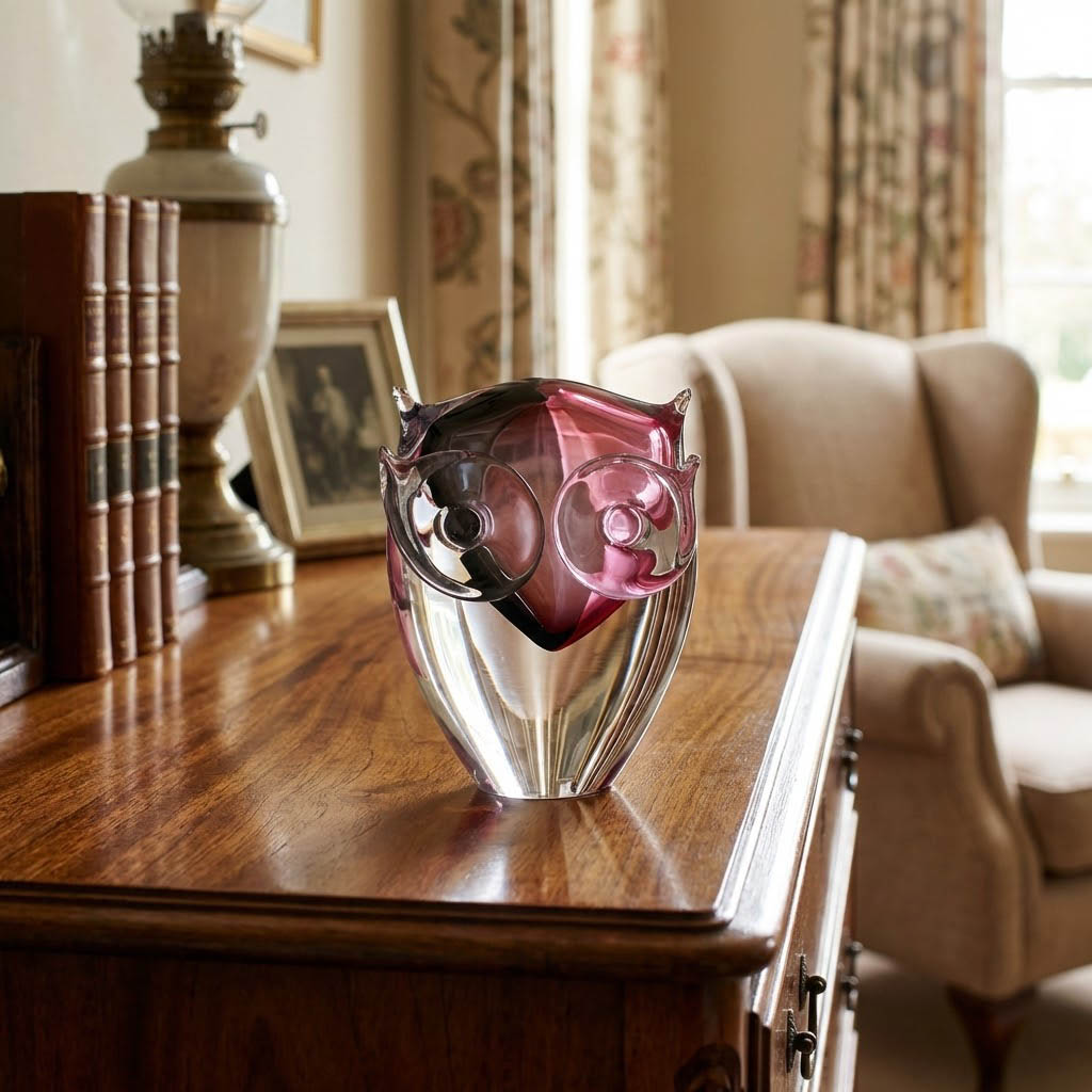 Stilisierte Skulptur einer Eule aus Glas in rötlichen Tönen.