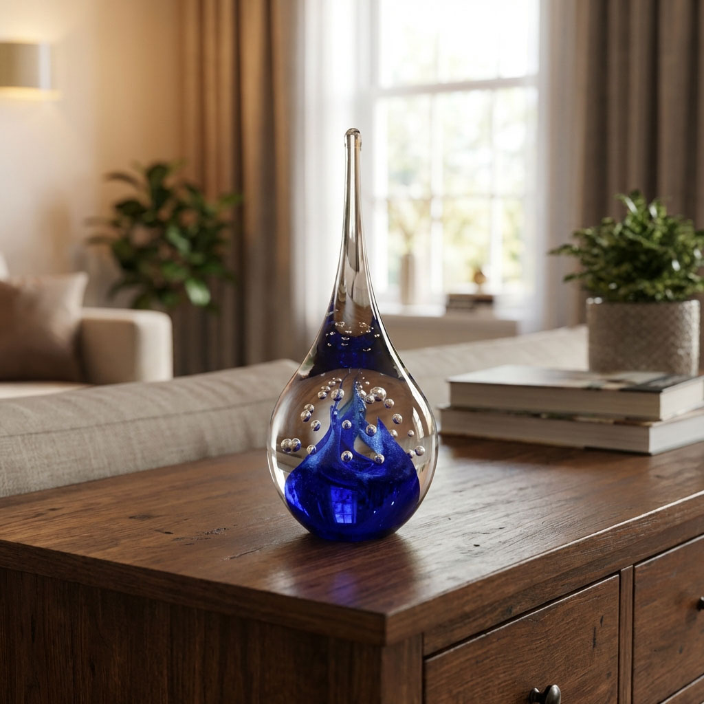 Blauer Briefbeschwerer in Tropfenform auf einem Holztisch.