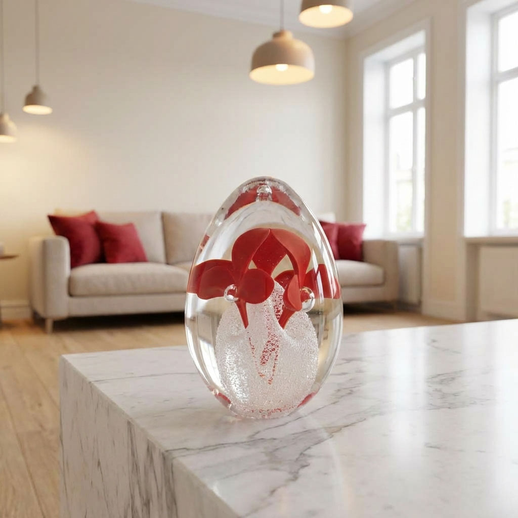 Eiförmiger Briefbeschwerer mit roter Blume als Dekoration auf einem Marmortisch.