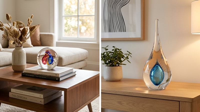 Decorative Bohemian glass vases and ornaments in a home setting.