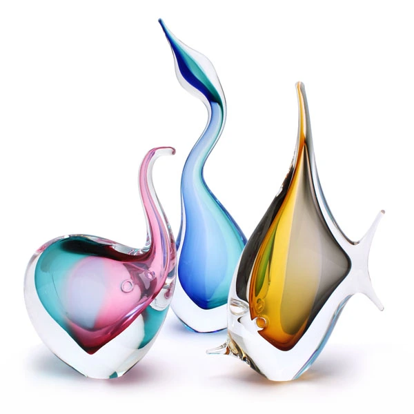 Unique Bohemia Glass pieces. Choose from an offer of several sets of coloured glass sculptures and figurines of animals - Cat, Fish, Elephant, Heron, Owl, Bird.