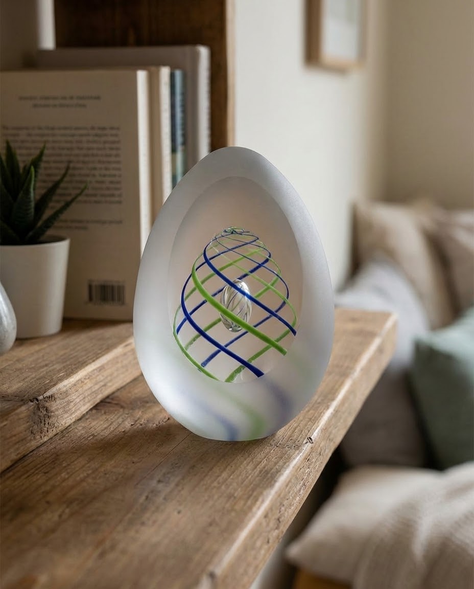 Frosted egg-shaped glass sculpture with internal blue and green glass spirals on a rustic wooden shelf