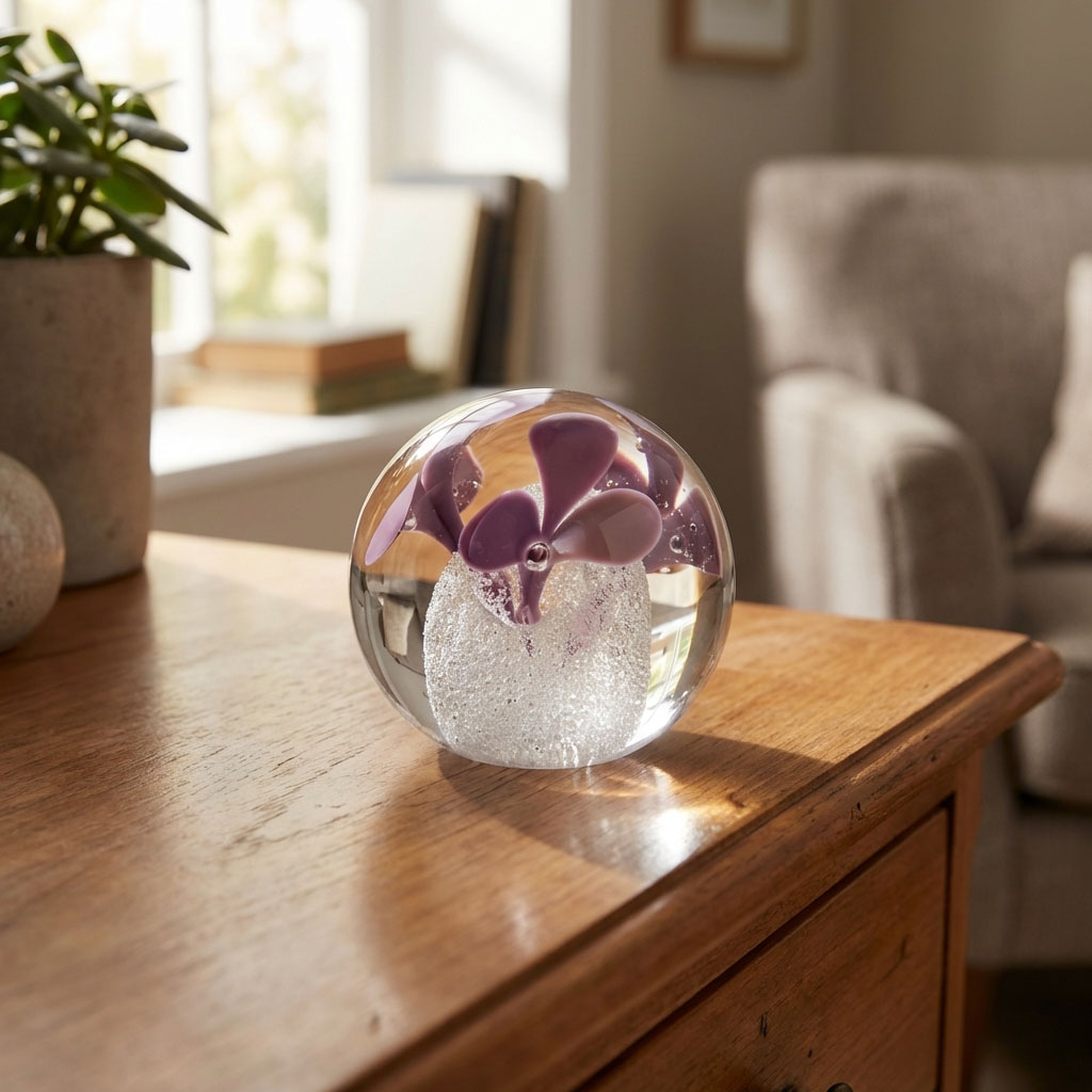 Round solid glass paperweight featuring a red glass flower inside, placed on an antique wooden desk