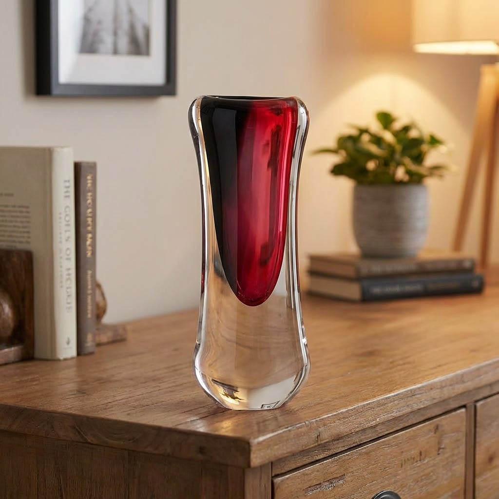 Heavy clear glass vase with a deep red center placed on a wooden desk with books