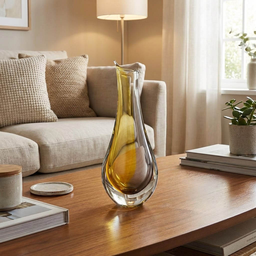 Elegant teardrop shaped glass vase with warm amber and yellow tones in a bright living room