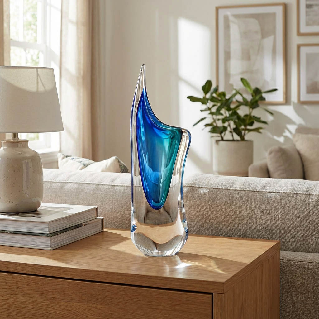 Tall elegant art glass vase with a vibrant blue core surrounded by clear crystal on a wooden console