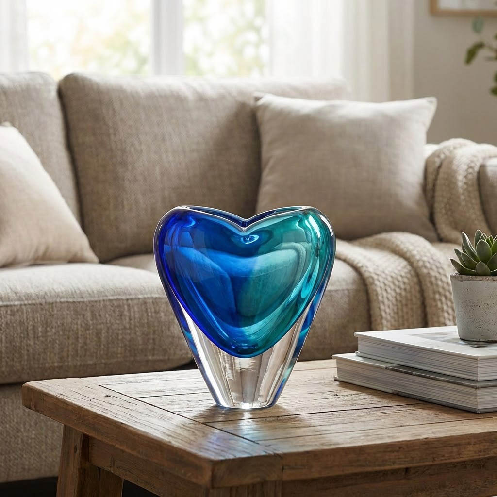 Heart-shaped hand-blown glass vase blending blue and green colors on a coffee table
